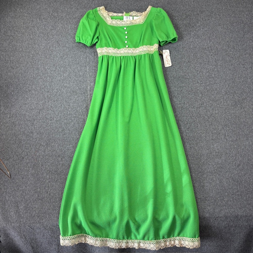 NWT Joni Girl of California Vintage 70s Green Lace Empire Waist‎ Maxi Dress 7